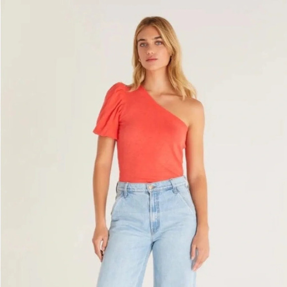 Z Supply One Shoulder Top in Orange Small Puff Sleeve Slub Cotton Soft Easter - Picture 3 of 12